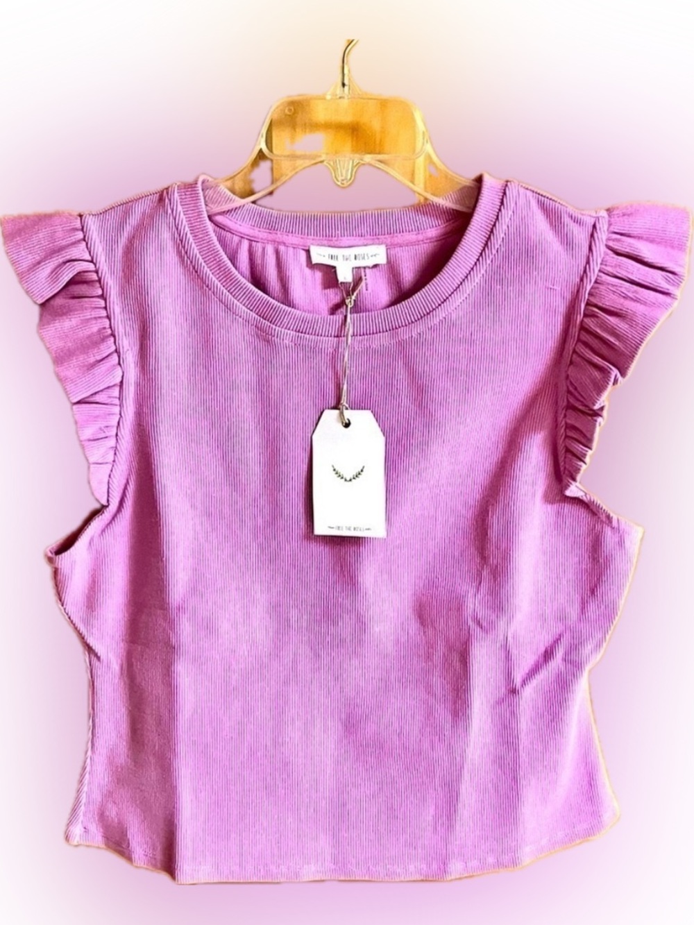 Free The Roses Lilac Ruffle Blouse Anthropologie NWT Large Ribbed Knit Purple